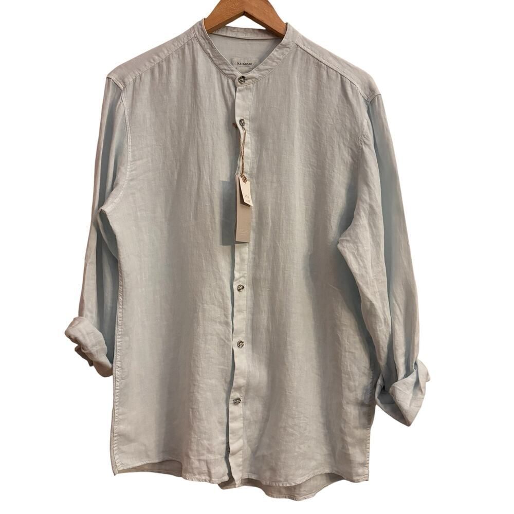 Pull & Bear 100% Linen Shirt Blue Band Collar Button Front Minimal Lightweight